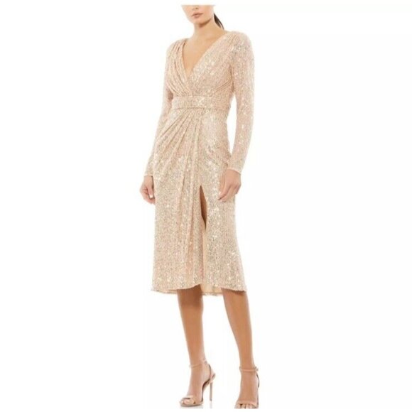 Mac Duggal Dresses & Skirts - Mac Duggal Womens 12 Rose Gold Sequin Long Sleeve V-Neck Faux Wrap Midi Dress